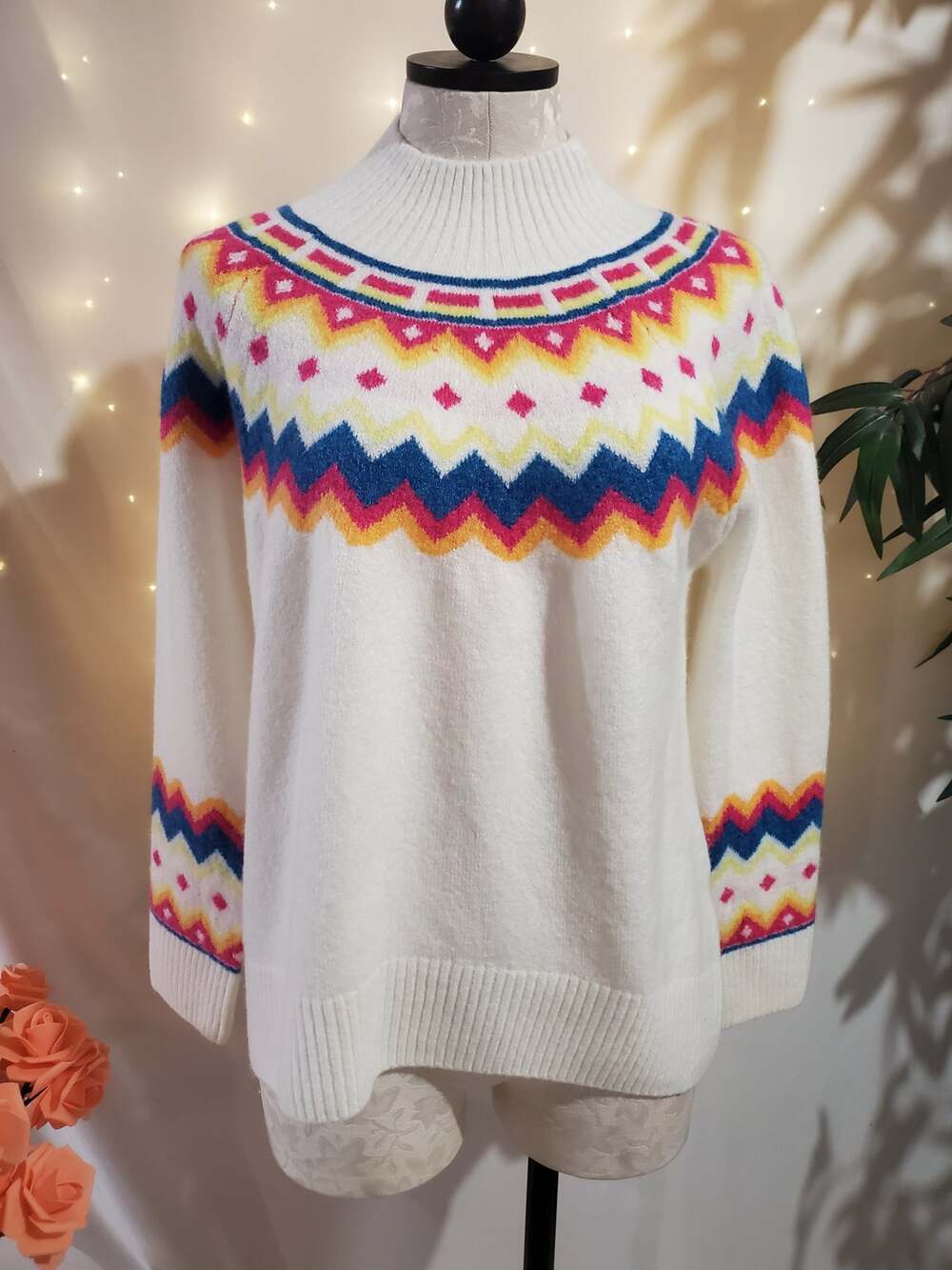Vince Camuto Fair Isle Cozy Crewneck Sweater Womens Size S White Knit Ski Lodge